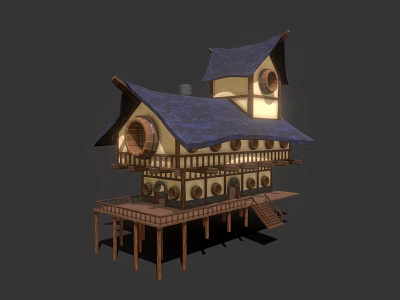 Traditional Wooden Building With Blue Roof Circular Windows And Tower Structure 3d model