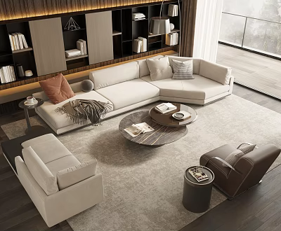 Modern Living Room L Shaped Sofa Coffee Table Set with Pillows Throw Blanket and Books 3d model