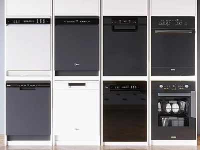 Kitchen Appliances Display Neatly Arranged Dishwashers In Various Colors And Styles 3d model