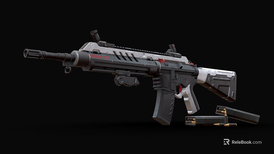 Tactical Assault Rifle With Black White Finish And Tactical Magazine Accessories 3d model 