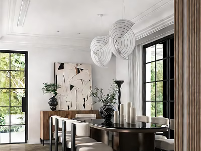 Modern Restaurant Interior With Spiral Chandeliers Abstract Painting Wooden Dining Table And White Chairs 3d model