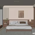 Modern Bedroom Interior Design With Wooden Headboard Abstract Painting And Gray Rug
