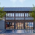 Traditional Chinese Ancient Interior With Blue Calligraphy Banners Wooden Beams And Stone Tables