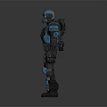 Futuristic Armored Character In Blue And Black Armor With Helmet And Mechanical Design Features