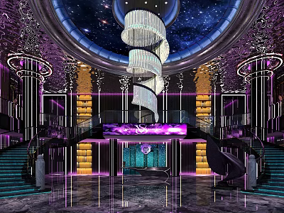 Luxurious KTV Interior With Starry Ceiling Spiral Chandelier And Purple Gold Decorations 3d model