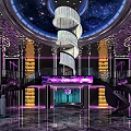Luxurious KTV Interior With Starry Ceiling Spiral Chandelier And Purple Gold Decorations
