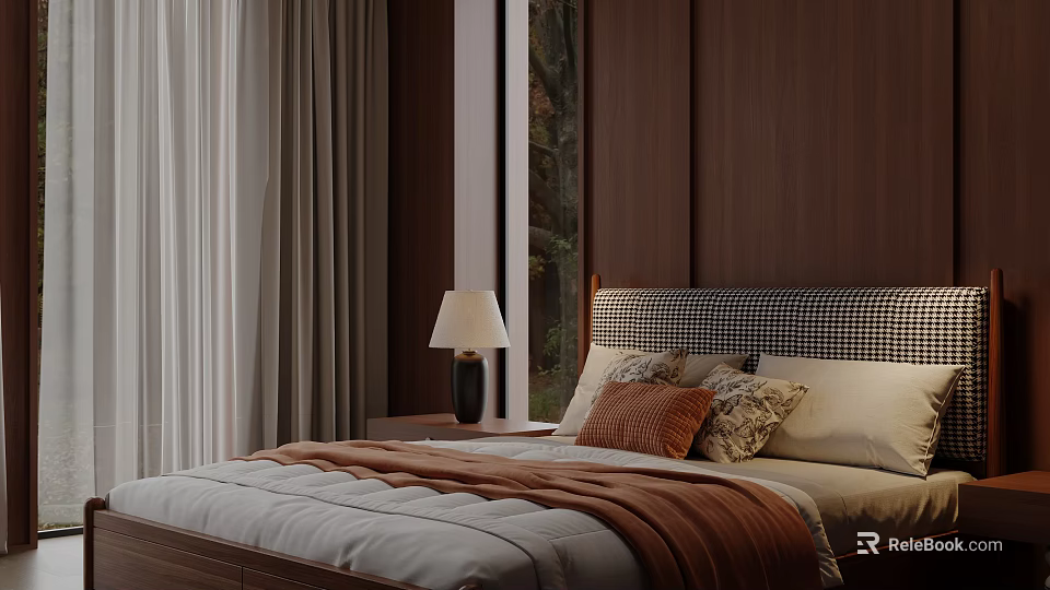 Comfortable Double Bed With Wooden Wall Window Curtains Nightstand Table Lamp And Pillows 3d model 