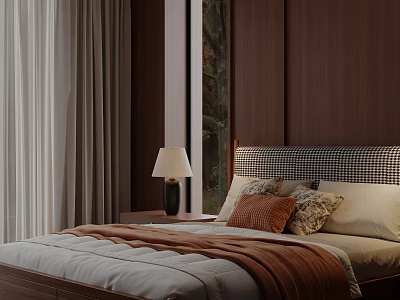 Comfortable Double Bed With Wooden Wall Window Curtains Nightstand Table Lamp And Pillows 3d model