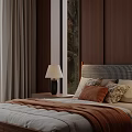 Comfortable Double Bed With Wooden Wall Window Curtains Nightstand Table Lamp And Pillows