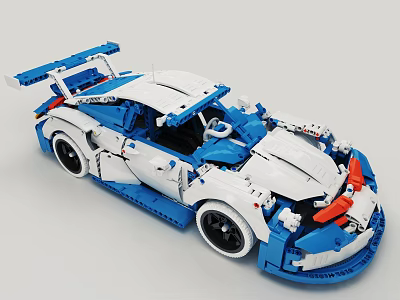 Detailed Blue and White Building Blocks Sports Car Model with Racing Design 3d model