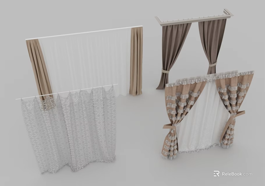 Different Types of Curtains Featuring Sheer White Panels Brown Drapes And Lace Details 3d model 