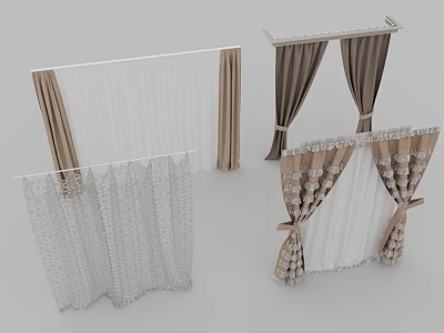 Different Types of Curtains Featuring Sheer White Panels Brown Drapes And Lace Details 3d model