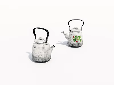 White Speckled Tea Kettles With Black Handles And Green Plant Red Berries Design 3d model