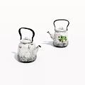 White Speckled Tea Kettles With Black Handles And Green Plant Red Berries Design