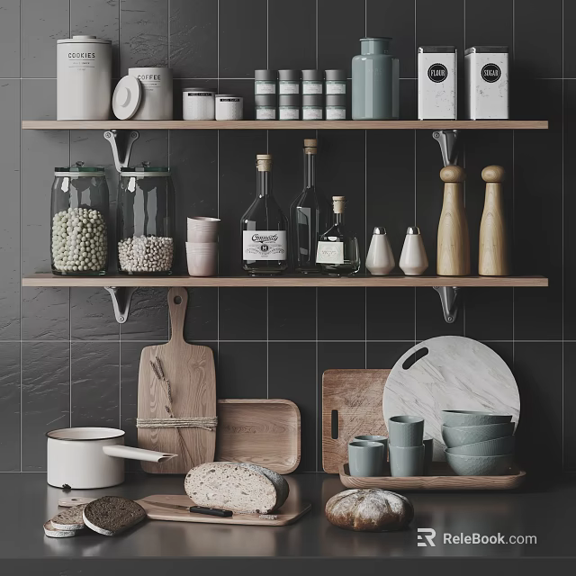 Modern Minimalist Kitchen Interior With Shelves Jars Spice Bottles Cutting Boards Bowls And Cookware 3d model 
