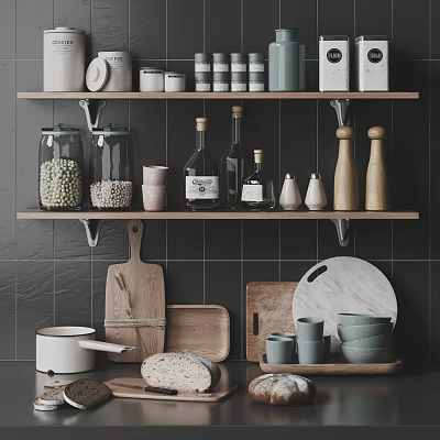 Modern Minimalist Kitchen Interior With Shelves Jars Spice Bottles Cutting Boards Bowls And Cookware 3d model