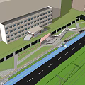 Scenic Plaza Landscape With Cherry Blossom Trees Transparent Structure And Pedestrians On Walkway
