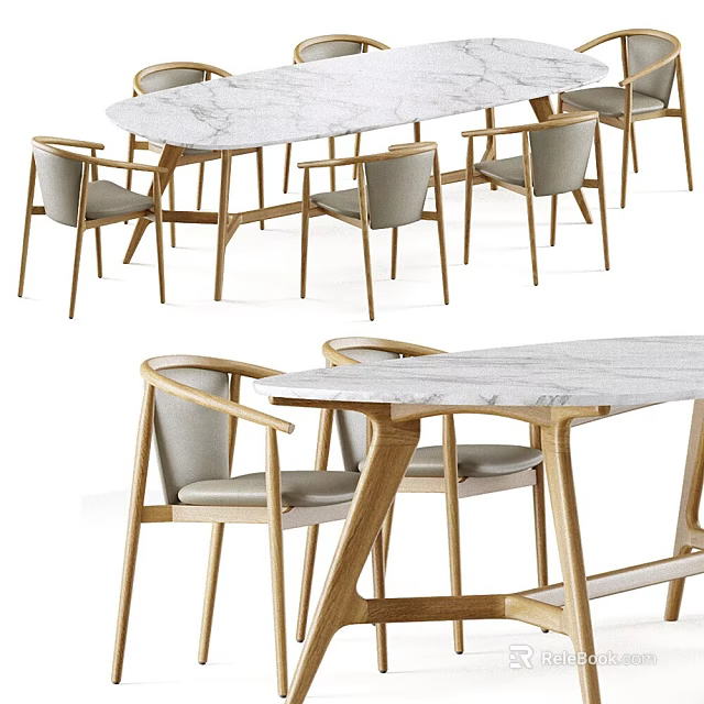 Elegant Modern Dining Table With Marble Top Wooden Frame And Grey Chairs 3d model
