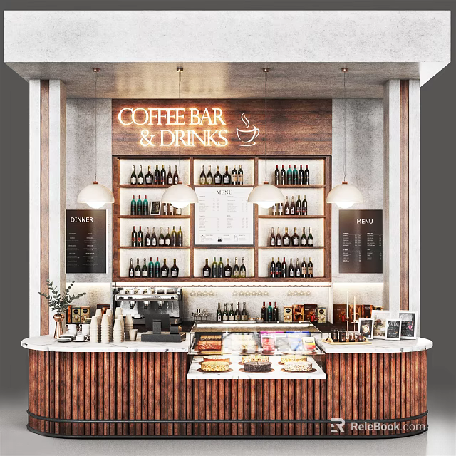 Coffee Bar Interior With Wooden Shelves Bottles Coffee Machine And Dessert 3d model 