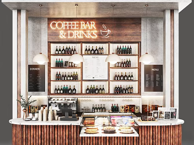 Coffee Bar Interior With Wooden Shelves Bottles Coffee Machine And Dessert 3d model