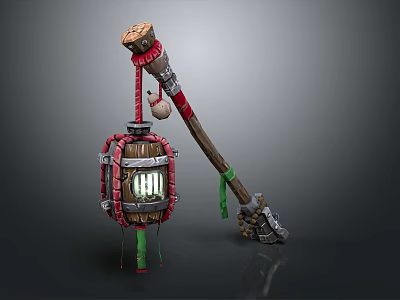 Vintage Lantern Equipment With Wooden Handle Metal Frame Red Green Straps And Decorations 3d model