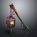 Vintage Lantern Equipment With Wooden Handle Metal Frame Red Green Straps And Decorations