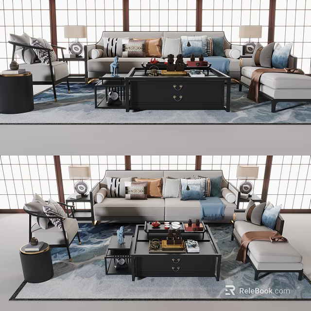 Elegant Modern Sofa And Coffee Table Set With Decorative Pillows Side Table And Area Rug 3d model