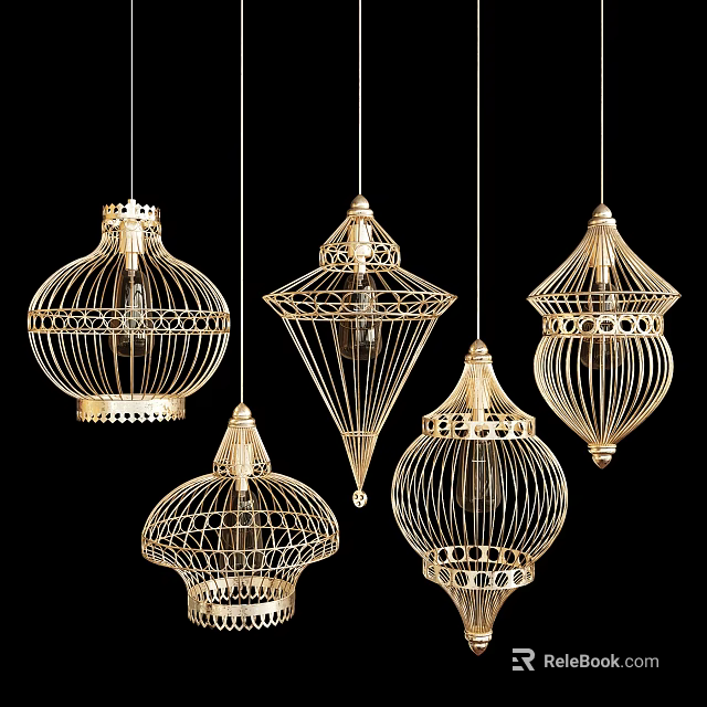 Elegant Hanging Metallic Chandeliers With Intricate Wire Patterns And Ornate Decorative Details 3d model 
