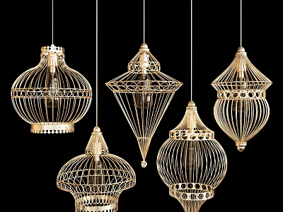 Elegant Hanging Metallic Chandeliers With Intricate Wire Patterns And Ornate Decorative Details 3d model