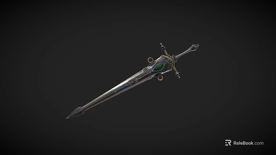 Medieval Fantasy Sword With Intricate Metal Blade Green Gemstone And Ornate Hilt Design 3d model 