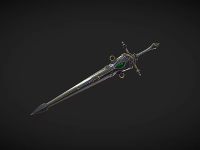 Medieval Fantasy Sword With Intricate Metal Blade Green Gemstone And Ornate Hilt Design 3d model