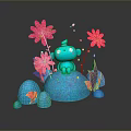 Adorable Blue Character Sitting On Blue Platform With Pink Flowers And Glowing Particles