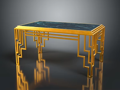 Elegant Modern Table With Golden Frame Dark Marble Top And Geometric Pattern Legs 3d model
