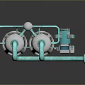 Industrial Equipment Featuring White Cylindrical Tanks Blue Connecting Pipes And Supports