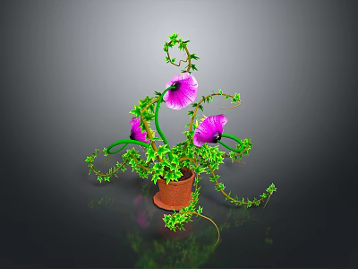 Green Vine Plant With Purple Flowers In Brown Pot And Trailing Leaves 3d model