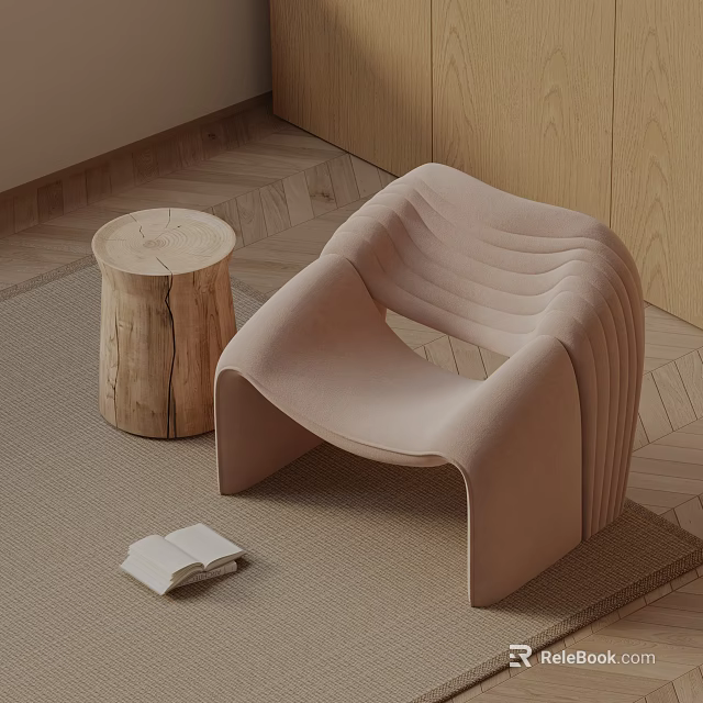 Modern Light Pink Leisure Chair With Curved Lines And Wooden Stump Side Table On Rug 3d model 