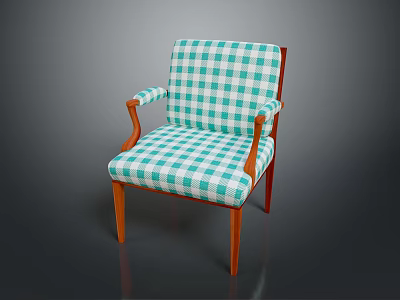 Blue And White Checkered Fabric Single Chair With Wooden Armrests And Legs 3d model