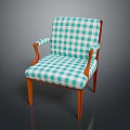 Blue And White Checkered Fabric Single Chair With Wooden Armrests And Legs