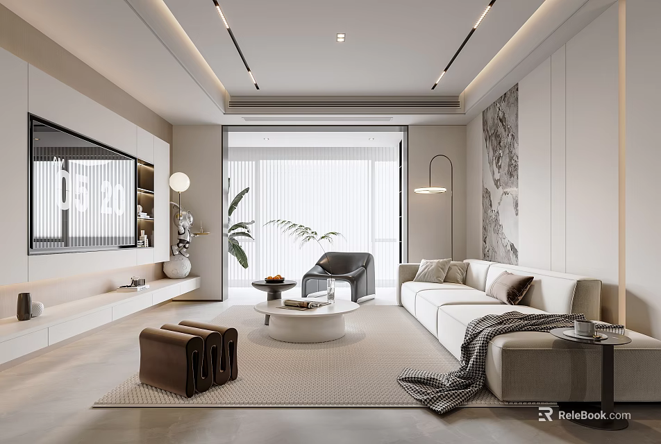 Modern Living Room Interior With Beige Sofa Coffee Table Rug And Floor To Ceiling Windows 3d model 