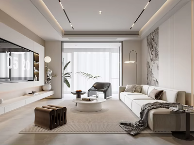 Modern Living Room Interior With Beige Sofa Coffee Table Rug And Floor To Ceiling Windows 3d model