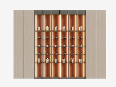 Warm Wooden Display Cabinet With Multiple Open Shelves And Decorative Items 3d model