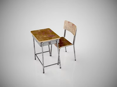 Vintage Wooden Desk With Metal Frame And Matching Chair For Study 3d model