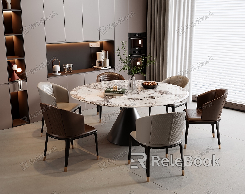 Italian Dining Table and Chair Round Table Sideboard Vase Plant Dining Chair Decoration Curtain model