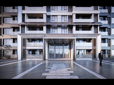 Contemporary Building Exterior Featuring Glass Facade Balconies And Stone Entrance Path 3d model