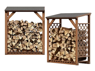 Stone and Wood Firewood Storage Racks with Wooden Frames and Logs 3d model