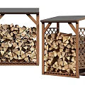 Stone and Wood Firewood Storage Racks with Wooden Frames and Logs