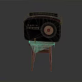 Vintage Retro Radio Electronic Appliance With Black Red Design On Wooden Stool
