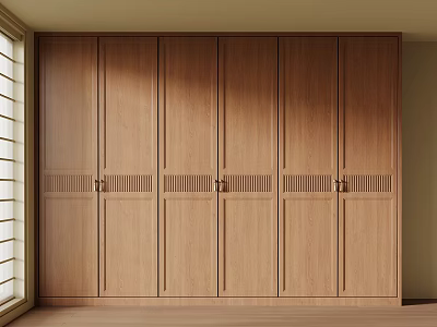 Modern Wooden Wardrobe Design With Sliding Doors And Panel Details In Bright Interior Space 3d model