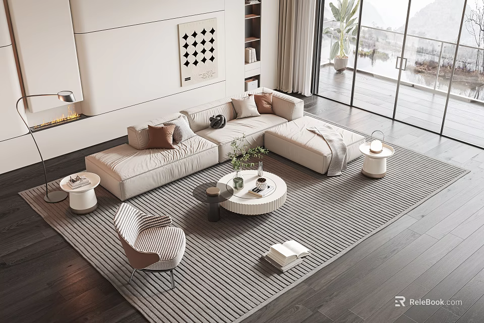 Modern Beige Sofa And Round Coffee Table Set With Accent Chair Rug And Green Plant 3d model 