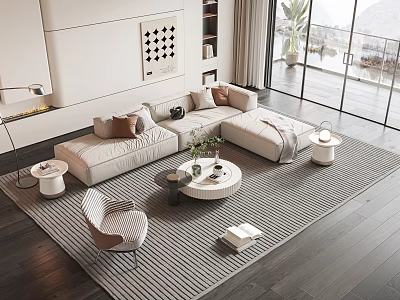 Modern Beige Sofa And Round Coffee Table Set With Accent Chair Rug And Green Plant 3d model